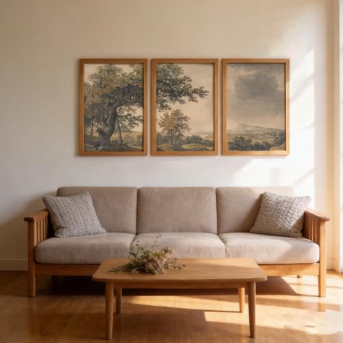 KHYEY Vintage Tree Landscape Framed Wall Art Set of 3 - color: Retro grey, size: 12x16 Inches