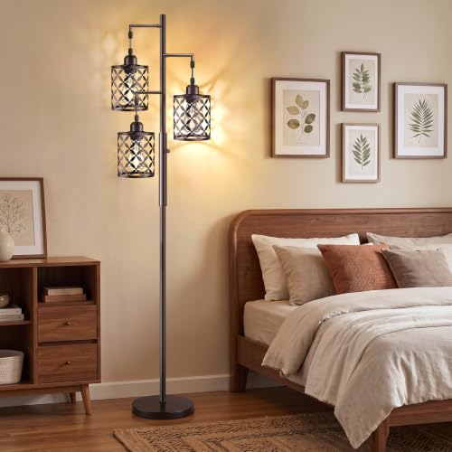 Industrial Tree Floor Lamp, 68" Dimmable Farmhouse Tall Standing Lamp with Quatrefoil Cutout Shades & Rotary Dimmer Knob, Corner Light for Living Room Bedroom, 3 x800LM Bulbs Included-Brown - color: Oil-Rubbed Bronze (800LM), size: 68"