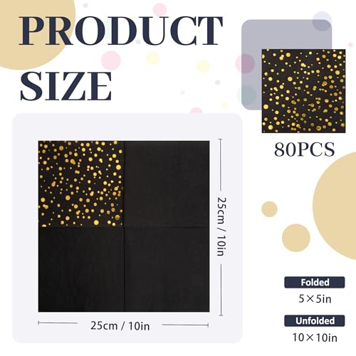 80 Pack of Black Paper Cocktail Napkins with Gold Foil Polka Dot Confetti,Polka Dot Party Supplies(5 x 5 in,3-ply) (Gold Black Pot) - style: Small Black Gold Dot