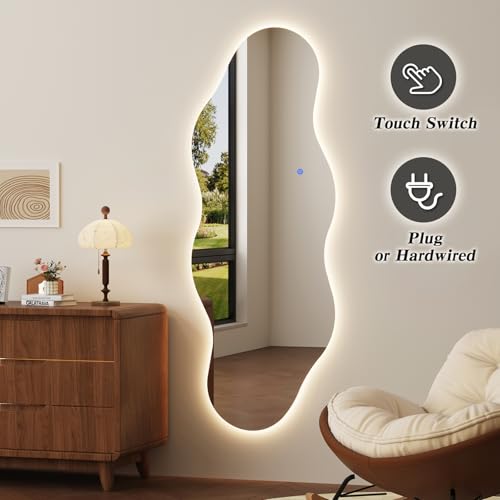 QDSSDECO 63" x 24" Wavy Full-Length Mirror with Stand, Frameless - color: Led Cloud-2