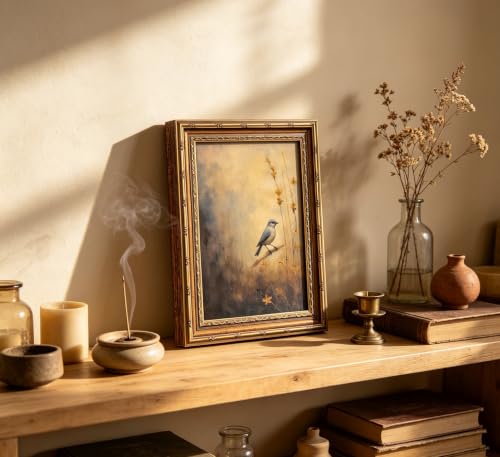 Vintage Gold Framed Bird Wall Art, Antique Autumn Bird Oil Canvas Print - color: Blue Bird, size: 16"L x 12"W