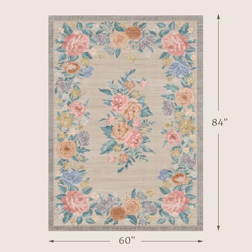 Washable Entry Bedroom Area Rug 5x7, Soft Non Slip Low Pile Living Room Carpet, Beige Vintage Floral Rose Botanical Rug for Large Entryway, Stain Resistant Cottagecore Floor Mat - color: Warm Beige, size: 5' x 7' (Rectangular)