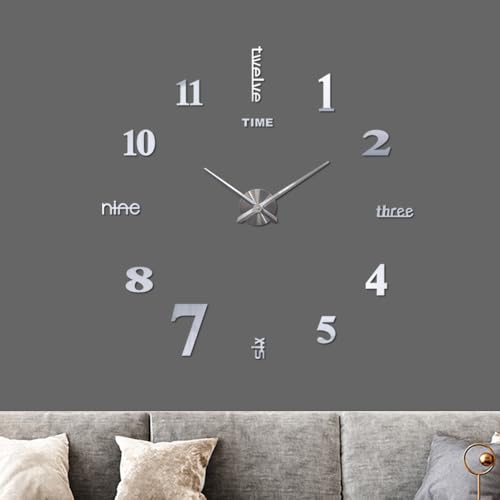 Frameless DIY Large Wall Clock Modern 3D Mirror Digital Big Wall Clocks for Living Room Bedroom Office Hotel Home Wall Decor (Silver)