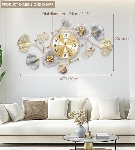 47" Modern Farmhouse Large Decorative Wall Clock, Ginkgo Metal Art - color: Retro Blue Color, size: 47 x 23 inches