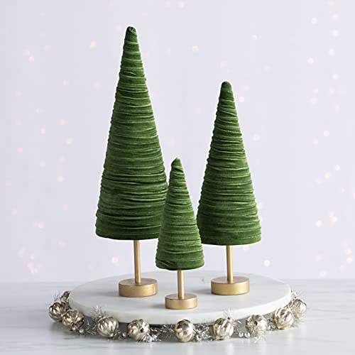 Olive Pedestal Velvet Trees Set of 3, Green Tree Tabletop, Valentine Mantel Accent, Winter Wedding Centerpiece, Cozy Modern Farmhouse (Olive) - color: Olive