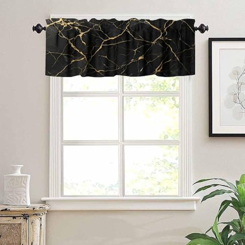 Gold Black Marble Valance, Modern Luxury Vinatge Marbling Abstract Ink Art Painting Blackout Short Window Curtain Treatment for Kitchen Bedroom Cafe Living Room, 54x18inch - color: Marble-11