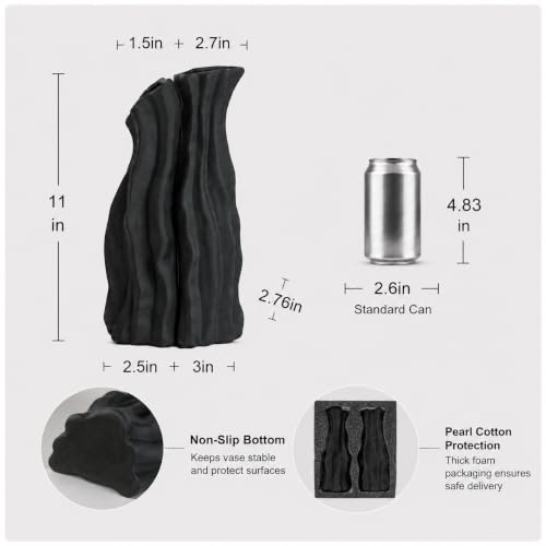 Modular Rockery Art Vase Set of 2, Separatable Centerpiece Table Decorations - 11" Tall Matte Black Ceramic Vases for Flowers, Pampas Grass, Modern Nordic Boho Home Decor (Black) - color: Black