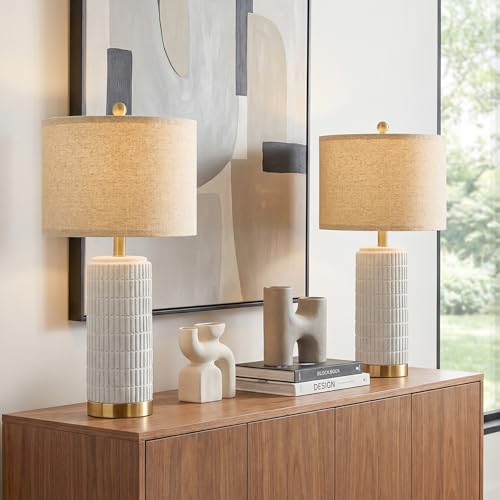 PoKat Farmhouse Table Lamps for Living Room Set of 2 with Gold Base, 25'' Stone-Like Bedside Lamps for Bedroom Night Stands, Ructic Ceramic Lamp for Office Hallway End Table Dorm (Frosted White) - color: Frosted White