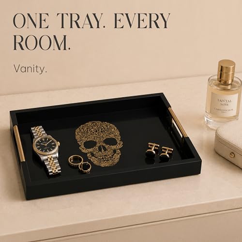 Gothic Skull Serving Tray, Black Gloss, Gold Handles by Death Decor - style: SKULL