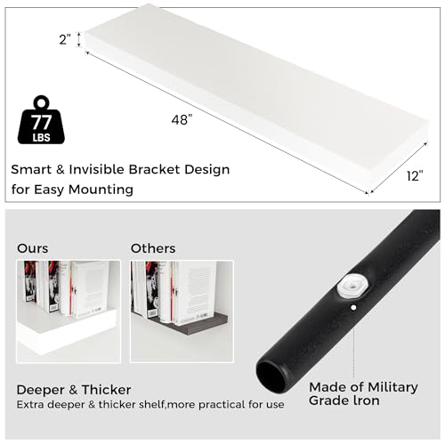 48 Inch Floating Shelves for Wall, 12"D Wood Storage Shelves, White Finish - color: White, size: 48 Inch