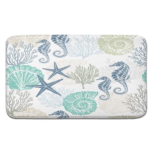 Beach Bathroom Rugs, Coral Ocean Themed Bath Mats for Bathroom, Tropical Starfish Seahorse Conch Bath Mats Rugs 16X48in - color: Beach, size: 1'4" x 4' (Rectangular)