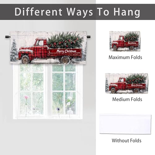 Christmas Kitchen Curtains 2 Set for Windows Red Truck Checkered Xmas Rod Pocket Window Treatments Drapes for Bedroom Bathroom Window Treatment Valances 54x18 inch - color: Christmas