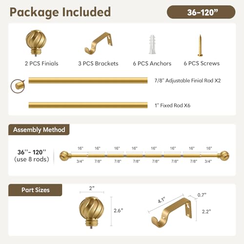 Gold Curtain Rods for Windows 66 to 120 Inch 7/8" Diameter Long - color: Gold, size: 36"-120"|1 Pack