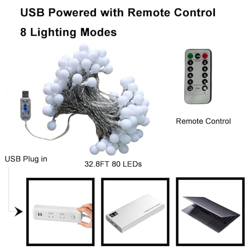 Globe String Lights, 32.8 FT 80 LED USB Powered Waterproof Timer 8 Modes Fairy String Lights with Remote for Bedroom Christmas Party Patio Garden Indoor Wedding Decor, Warm White, 10M