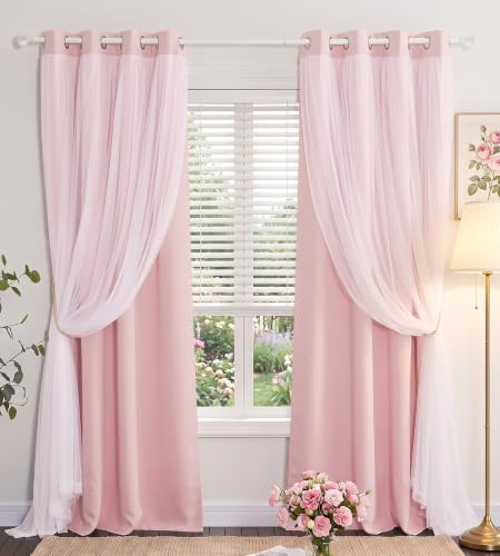 Blush Pink Blackout Curtains with White Sheer Overlay for Girls Bedroom - color: Blush Pink, size: 52"W x 84"L (Pack of 2)