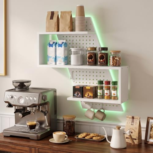 S-Shaped Gaming Floating Shelf with LED Light Strip, 3 Tier Wall Floating Shelf with Pegboard & 4 Removable Hooks, for Bedroom, Game Room, Living Room, Study, White - color: White