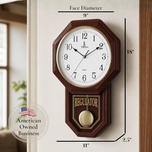 Pendulum Wall Clock, Real Wood Regulator Clock, Quiet, Non-Chiming, Wooden - color: Dark Wood