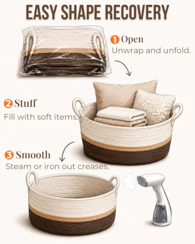 Large Woven Cotton Rope Storage Basket, 65L Blanket Basket with Handles, Decorative Round Basket for Living Room Bedroom Nursery, Laundry Basket for Clothes Toys Towels, Brown & Cream