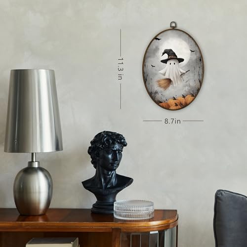 Gnmduw Halloween Ghost Oval Wall Art Framed, Vintage Fall Halloween Pumpkin Wall Art, Dark Academia Ghost Flying Canvas Prints Hanging Decor, Gothic Walls Decor for Living Room Bedroom, 8.7x11.3 Inch - color: pumpkin ghost, size: 11.3"L x 8.7"W
