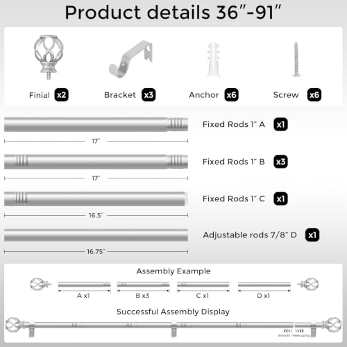 Silver Curtain Rod 36-91 Inch, 1 Inch Curtain Rods for Windows - color: Silver, size: 36"-91" (1 Pack)