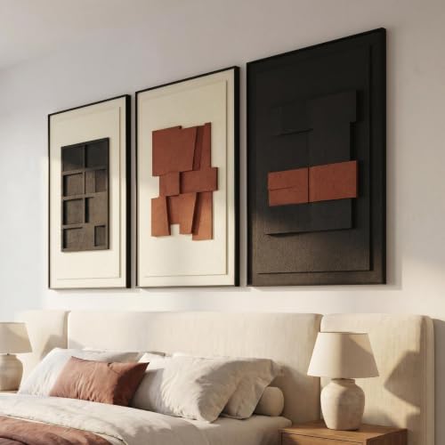 AMAATE 3Pcs 3D Sandstone Wall Art, Black Frame Wabi-Sabi Geometric Relief - color: Black White Brown, size: 20" x 30" inch