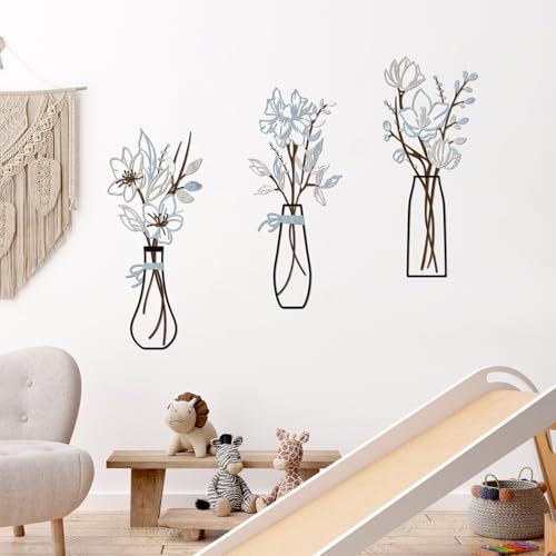 3 Pieces Metal Flowers Wall Art for Bathroom (Blue Brown) - color: Blue Brown