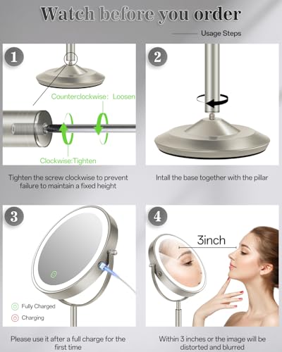 8" Lighted Makeup Mirror with Light,30X Magnifying Height Adjustable Mirror - color: Brushed Nickel