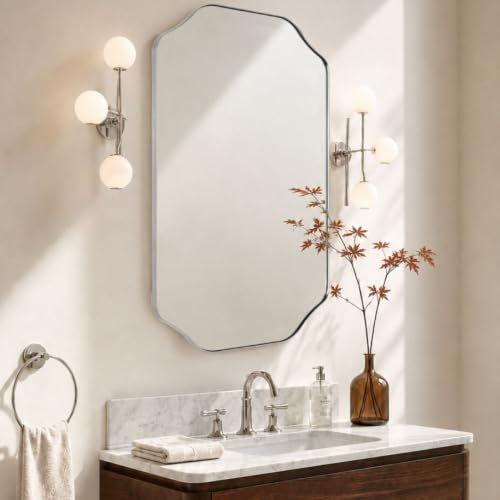 TEHOME Polished Nickel Scalloped Bathroom Mirror, 20x30'' Polished Nickel Asymmetrical Bathroom Vanity Mirror for Wall - color: Polished Nickel, size: 30"L x 20"W