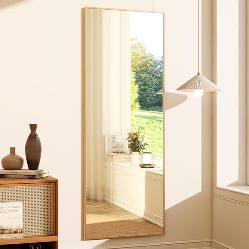 GLSLAND 58"x18" Full Length Mirror Full Body Mirror Freestanding Hanging or Leaning Rectangle Floor Mirror Aluminum Alloy for Bedroom Bathroom Living Room,Gold - color: Gold, size: 58"L x 18"W