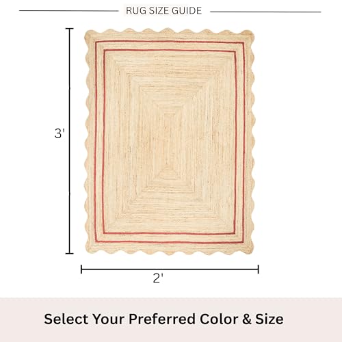 Wave Scalloped Jute Rug Entryway Natural Boho Area Rug Rustic Red 2'x3' - color: Rustic Red, size: 2'x3'