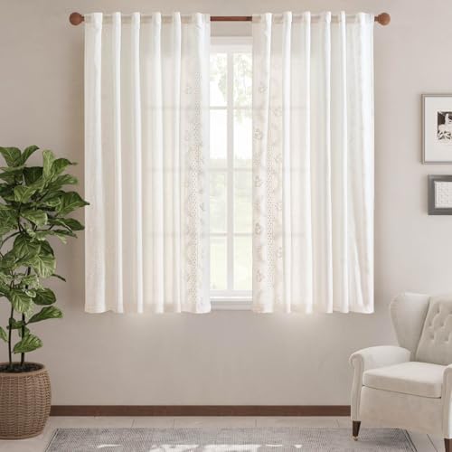 jinchan Floral Linen Curtains 63 Inch Farmhouse Back Tab 2 Panels - color: Off White, size: 50"W x 63"L (Pack of 2)