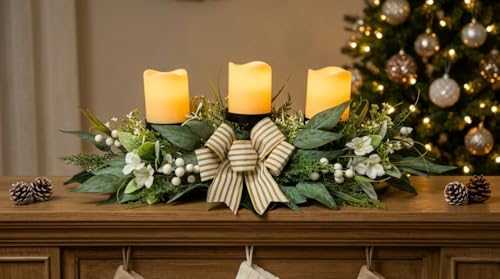 Svndlyn 26 Inch 3 Candle Holder Centerpiece with Greenery and Striped Bow