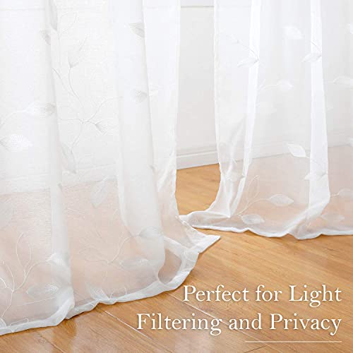 HOMEIDEAS White Sheer Curtains Leaf Embroidered, 52x84 Inch, 2 Panels - color: 4-white, size: 52"W x 84"L (Pack of 2)