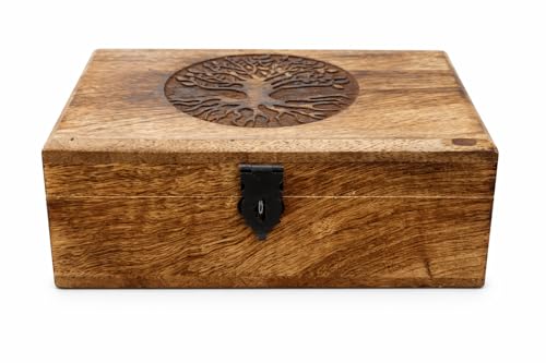 Handmade Mango Wood Keepsake Box with Engraved Tree of Life – Wooden Jewelry Box, Trinket Box, Flame Worked Finish, Unique Gift for Women & Men
