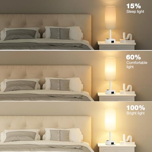 Fenmzee White Bedside Lamp for Bedroom, Dimmable Touch, USB A+C, AC Outlet - color: White - White, size: 14"