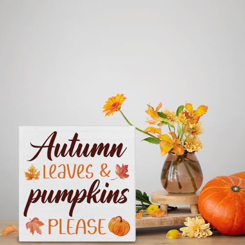 Hijie Farmhouse Fall Decor Autumn Decorations Pumpkin Leaves Wooden Sign Home Decor Indoor for Desk Table Shelf 5 X 5 Inches - color: Ap