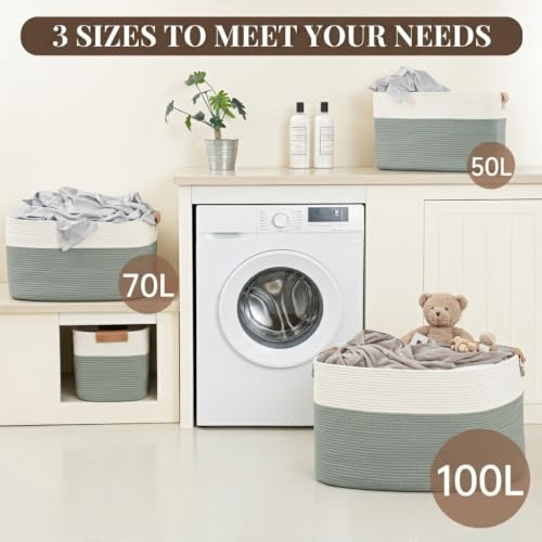 Danpinera 70L Large Woven Blanket Basket for Living Room White & Sage Green - color: White & Green, size: 72L