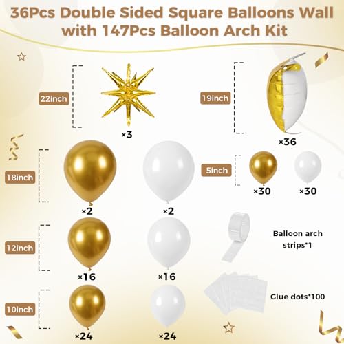 36pcs White and Gold Square Foil Balloons Wall Backdrop with 147pcs Balloon Garland Arch Kit, Double Sided Balloons for Wedding Engagements Birthday Bridal Shower Anniversary Party Decorations - color: White and Gold