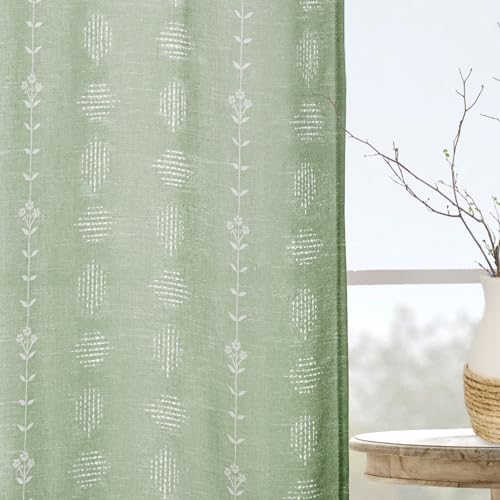 Sage Green Floral Linen Sheer Curtains 72 Inches Long, Boho Gingham Plaid Look Pattern Grommet Drapes for Living Room Bedroom 2 Panels Set - color: Sage, size: 52"W x 72"L (Pack of 2)
