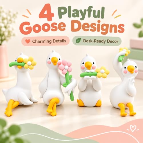 4Pcs Adorable Duck Figurines for Computer Monitor and Car Dashboard, Mini Resin Goose Decor, Cute Desk and Office Accessories, Funny Gift for Desk Decorations (White-Goose) - color: White-goose