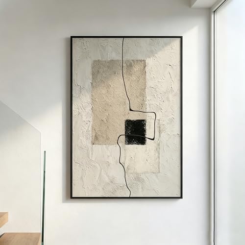 QKF Minimal Geometric 3D Texture Black Aluminum Frame Canvas Wall Art - color: Light Brown & Beige