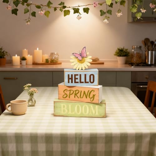 Spring Decoration Wooden Tiered Tray Decor – Rustic Hello Spring Bloom Stacked Block Sign with Butterfly Daisy Topper – Farmhouse Tabletop Spring Decor for Living Room Shelf Kitchen Coffee Bar Seasonal Home Display - style: Butterfly