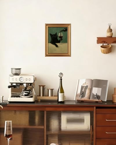 Vintage Gold Framed Wall Art Eclectic Black Cat with Wine Glass Prints - color: Drinking cat, size: 8"x10"
