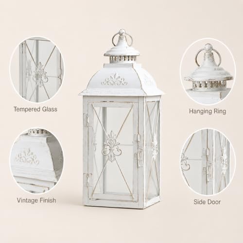 TRIROCKS Elegant Vintage Lantern - Decorative 13.5'' Metal & Glass Candle Holder - Perfect for Indoor & Outdoor Use, Patio, Garden, Parties - Sophisticated White & Gold Brushed Finish - color: White, size: 5.5'' x 5.5'' x 13''