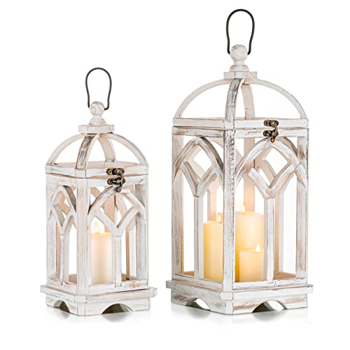 Romadedi Set of 2 Farmhouse Wood Candle Lanterns Decorative, Whitewashed - color: Washedwhite