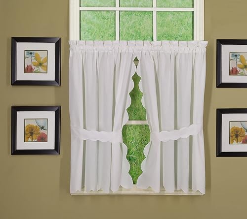 Today's Curtain, Orleans Scallop Curtain, White 36" Tier Pair and Tieback, 60" W x 36" L, White - color: White, size: 60"W x 36"L (Pack of 1)