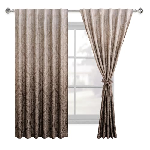 DWCN Room Darkening Curtains 63 inches Length - Back Tab Ombre Damask Patterned Tieable Window Drapes Thermal Insulted Light Blocking Curtains for Bedroom/Living Room, 2 Panels, W52 x L 63, Brown - color: Brown, size: 52"W x 63"L (Pack of 2)