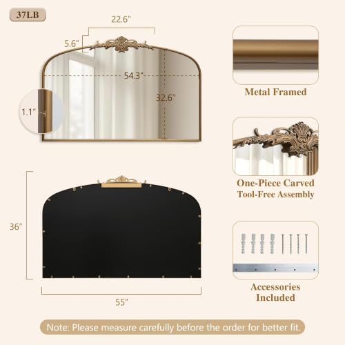 Besdomus Antique Arched Gold Mirror: 55"x36" Extra Large Brass Decorative - color: Brass Gold, size: 36"L x 55"W