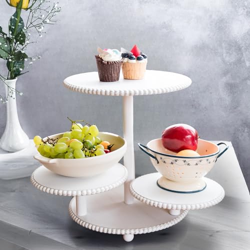 GENMOUS 4 Tiered Beaded Cake and Cupcake Stand Combo for Birthday Party Decor, Rustic Wooden Cupcake Tower Stands for 50 Cupcakes, White Cupcake Tier Stand Display for Wedding Baby Shower Tea Party