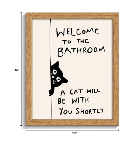 Framed Funny Cat Wall Art, Black White Animal Bathroom Painting, 12x16in - color: Black Cat, size: 12x16in